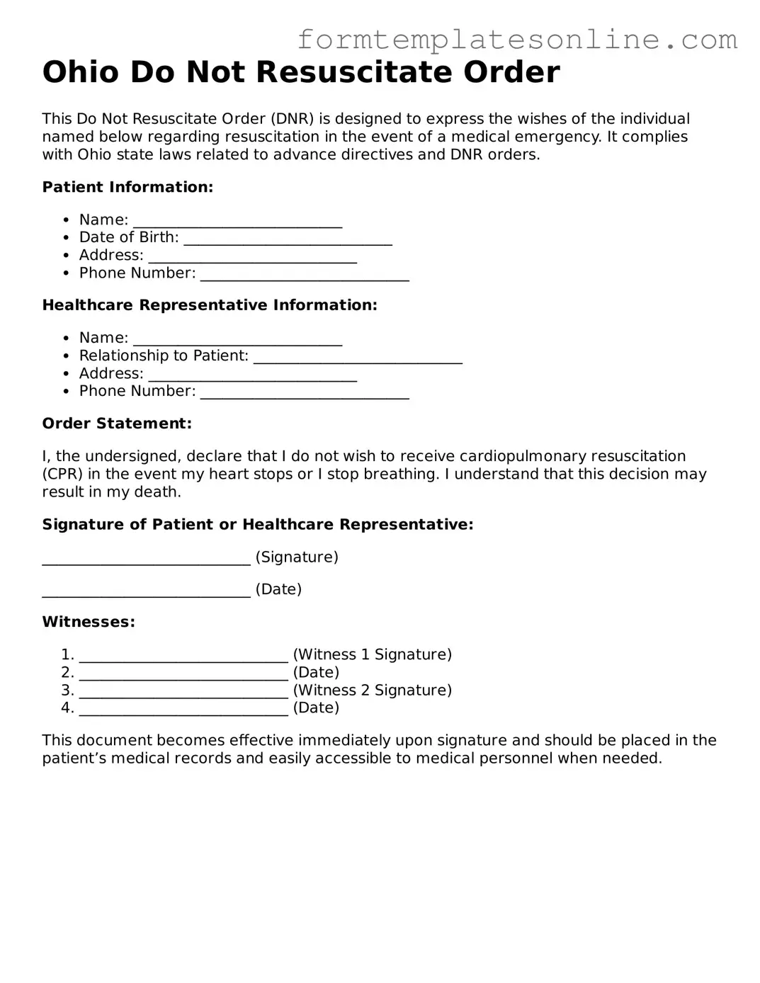 Valid  Do Not Resuscitate Order Form for Ohio