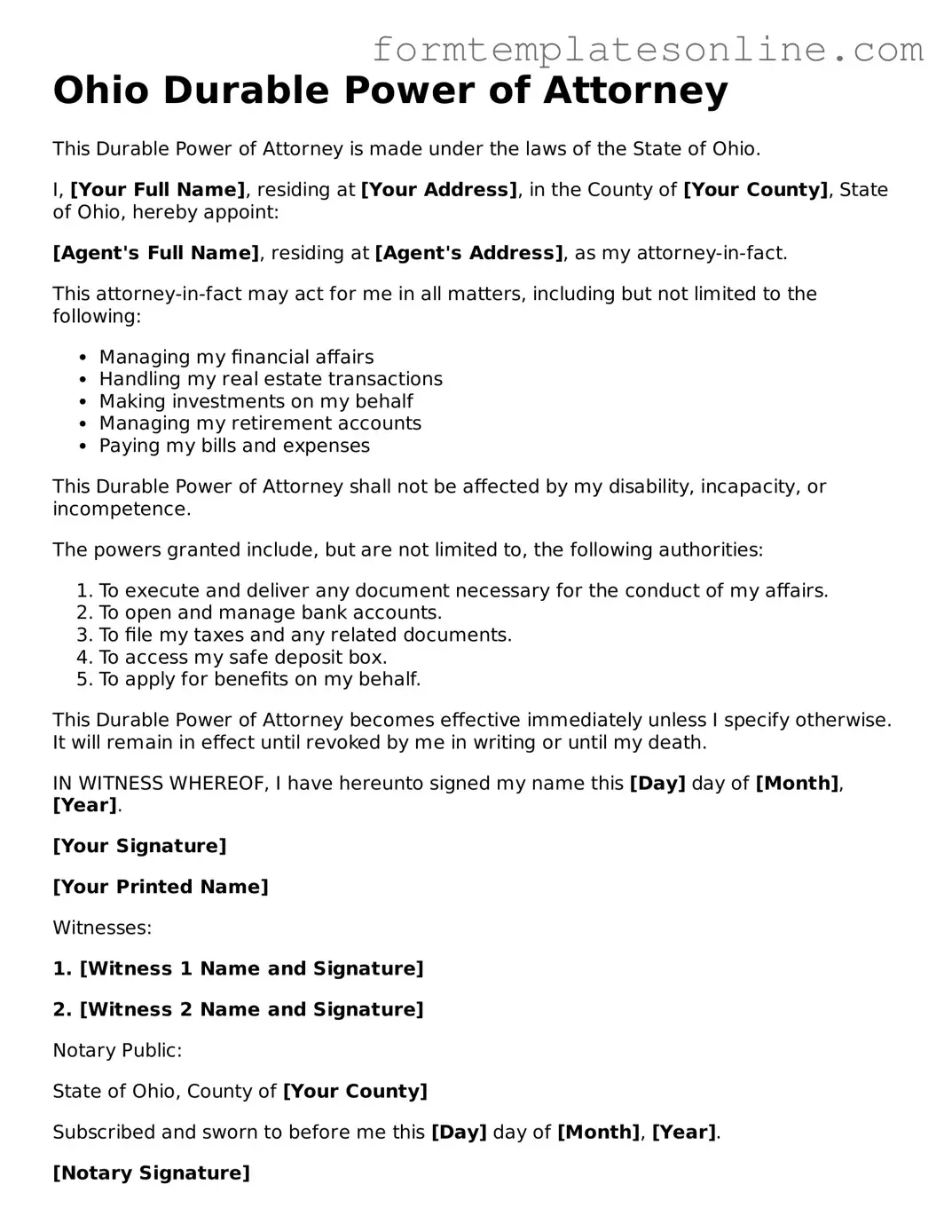 Valid  Durable Power of Attorney Form for Ohio