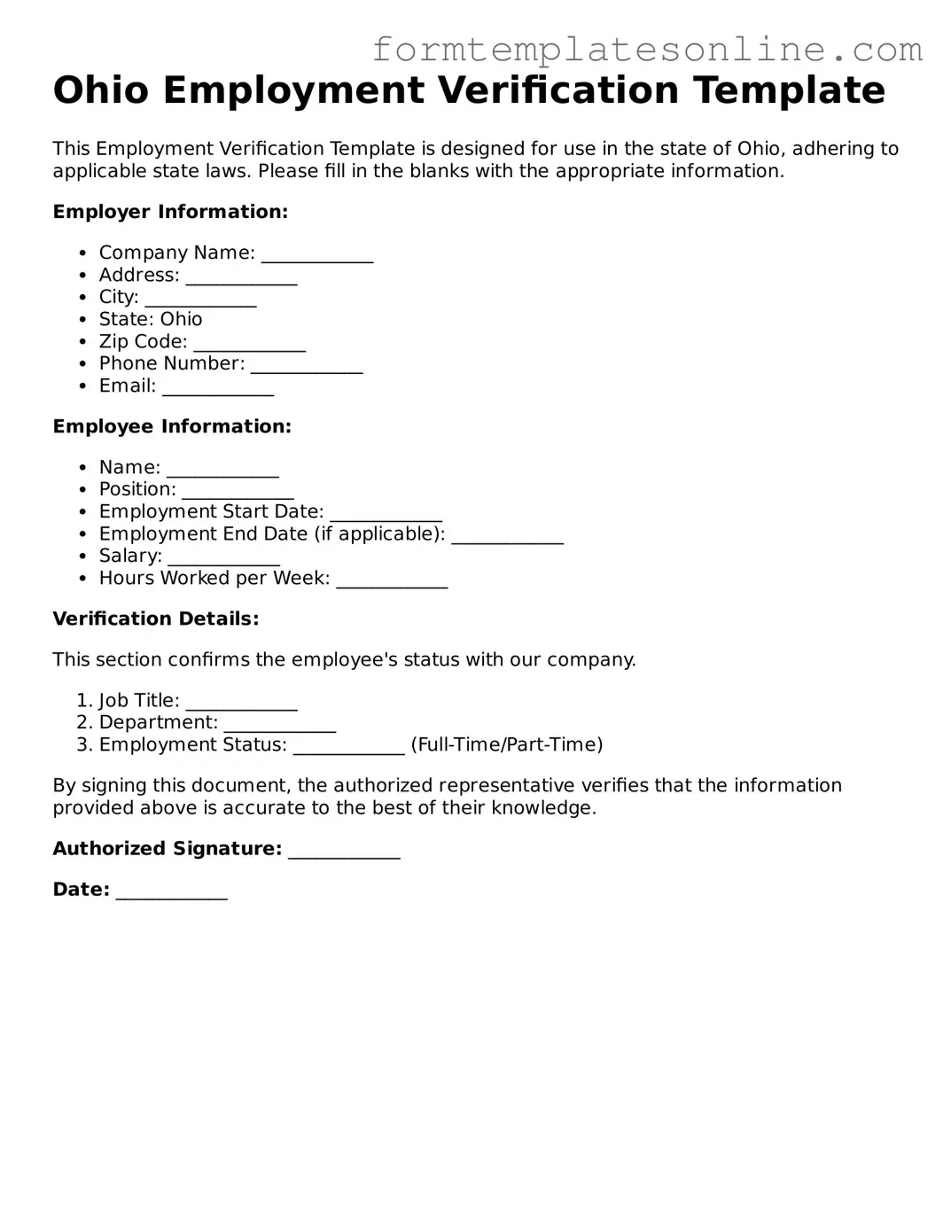 Valid  Employment Verification Form for Ohio