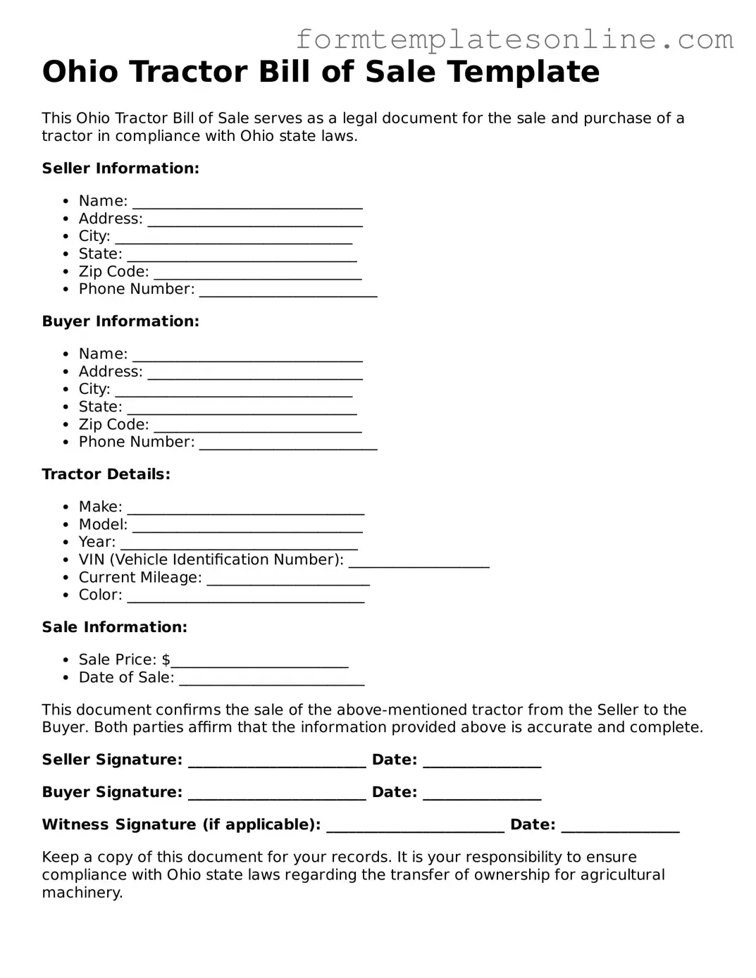 Valid  Tractor Bill of Sale Form for Ohio