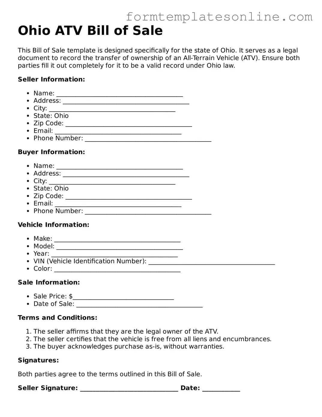 Valid  ATV Bill of Sale Form for Ohio