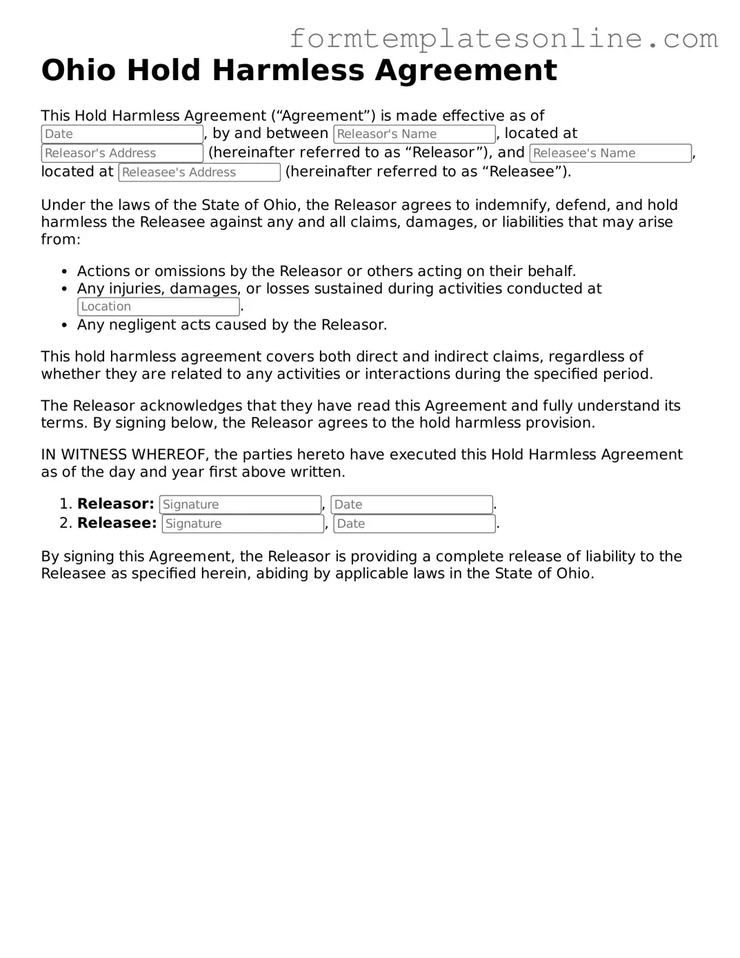 Valid Hold Harmless Agreement Form for Ohio