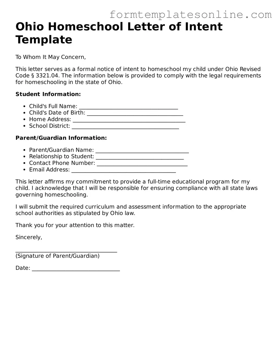 Valid  Homeschool Letter of Intent Form for Ohio