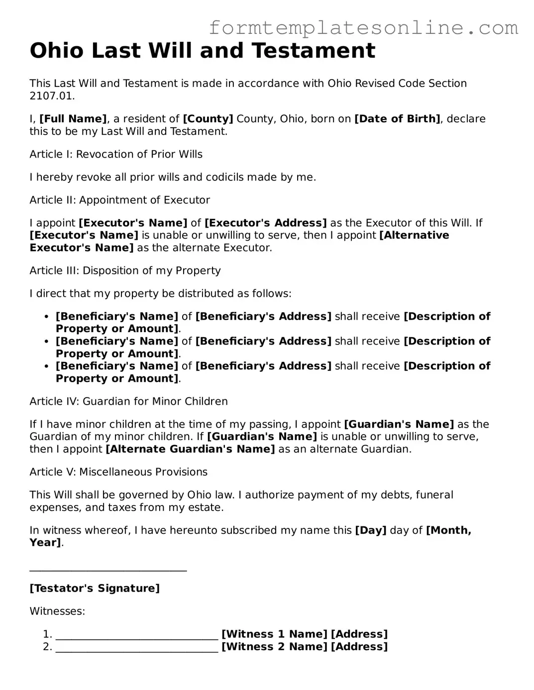 Valid  Last Will and Testament Form for Ohio