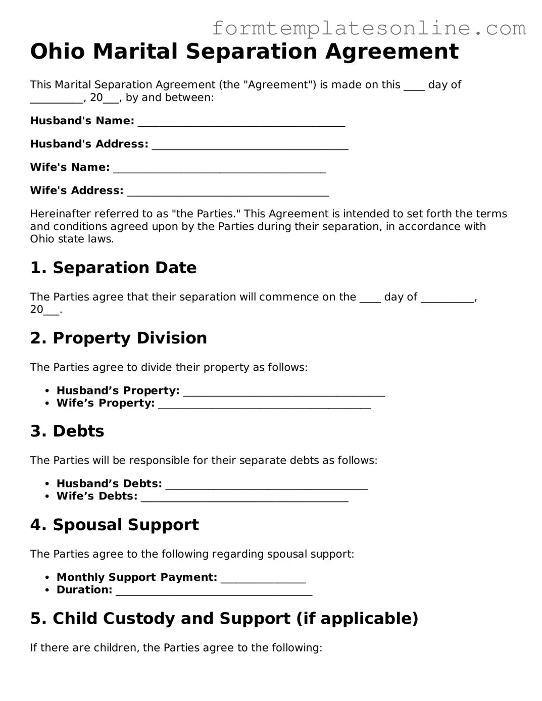 Valid  Marital Separation Agreement Form for Ohio