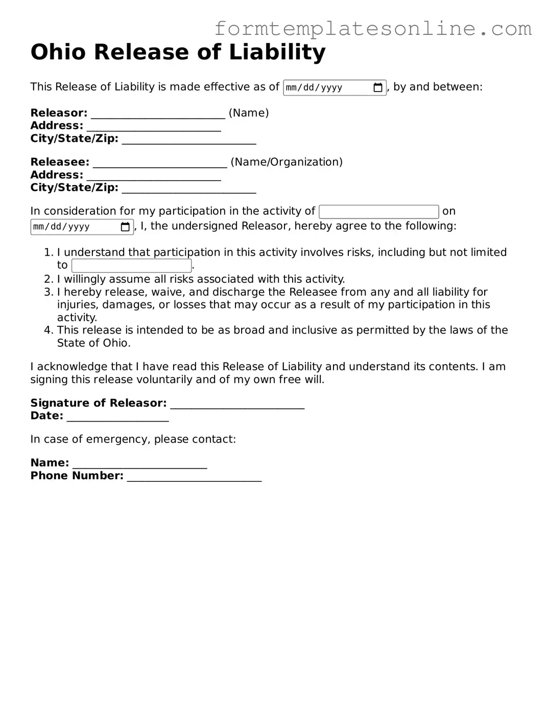 Valid  Release of Liability Form for Ohio