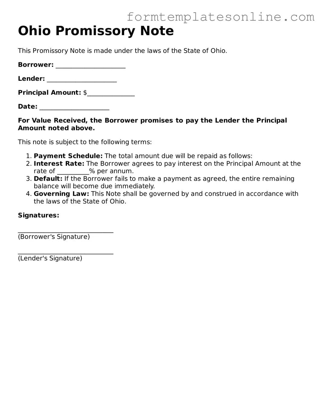 Valid  Promissory Note Form for Ohio