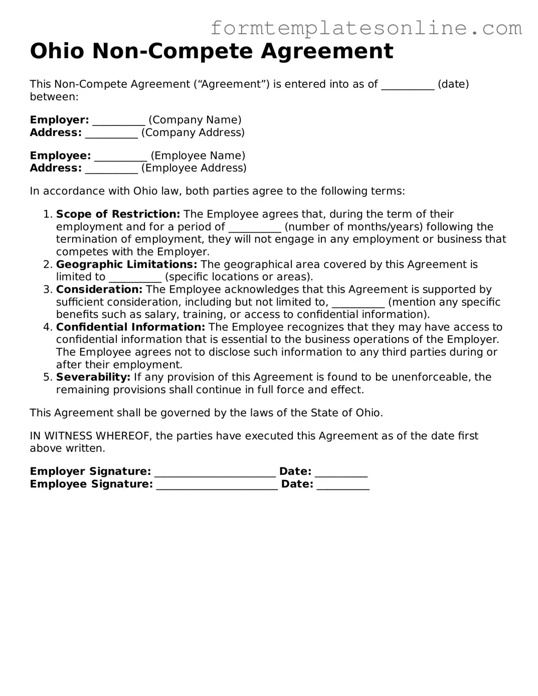 Valid  Non-compete Agreement Form for Ohio