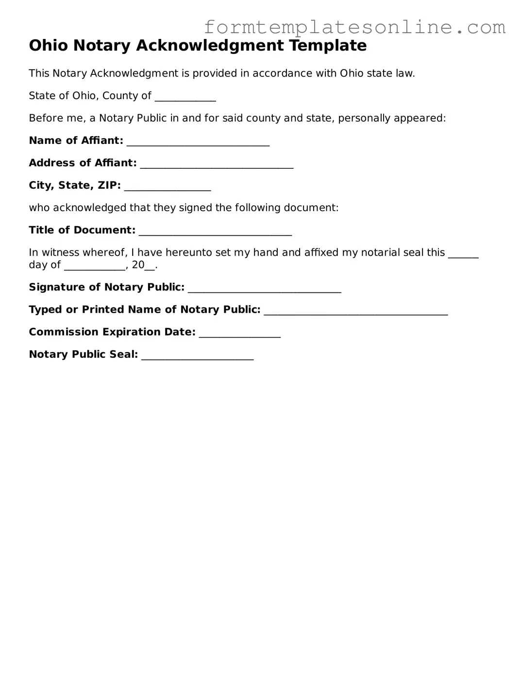 Valid Notary Acknowledgement Form for Ohio