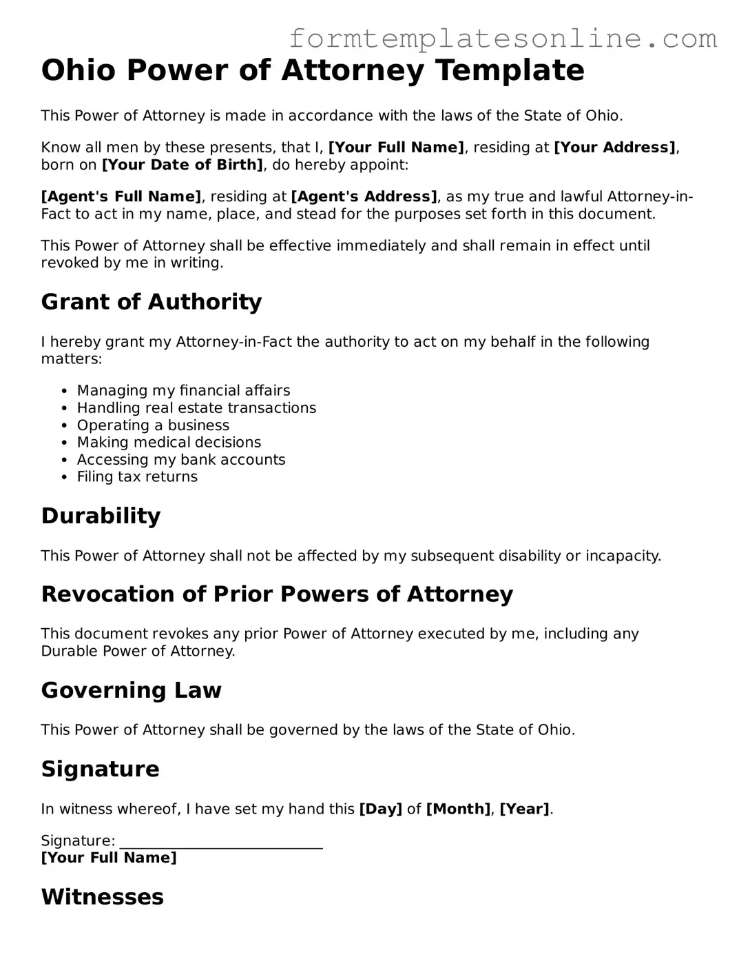 Valid  Power of Attorney Form for Ohio