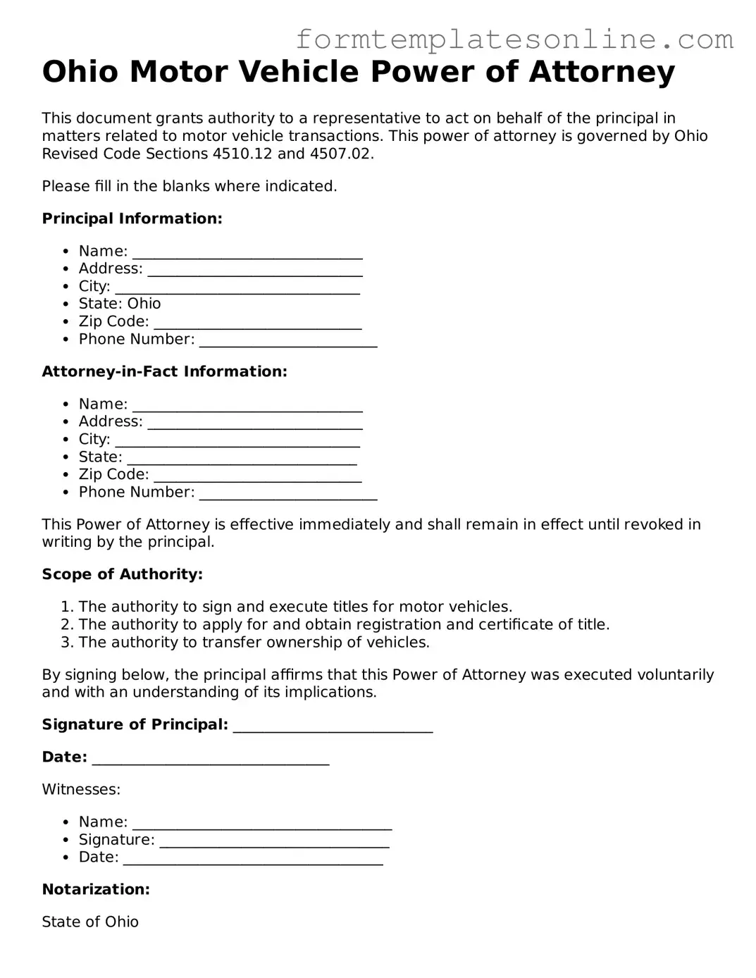 Valid  Motor Vehicle Power of Attorney Form for Ohio