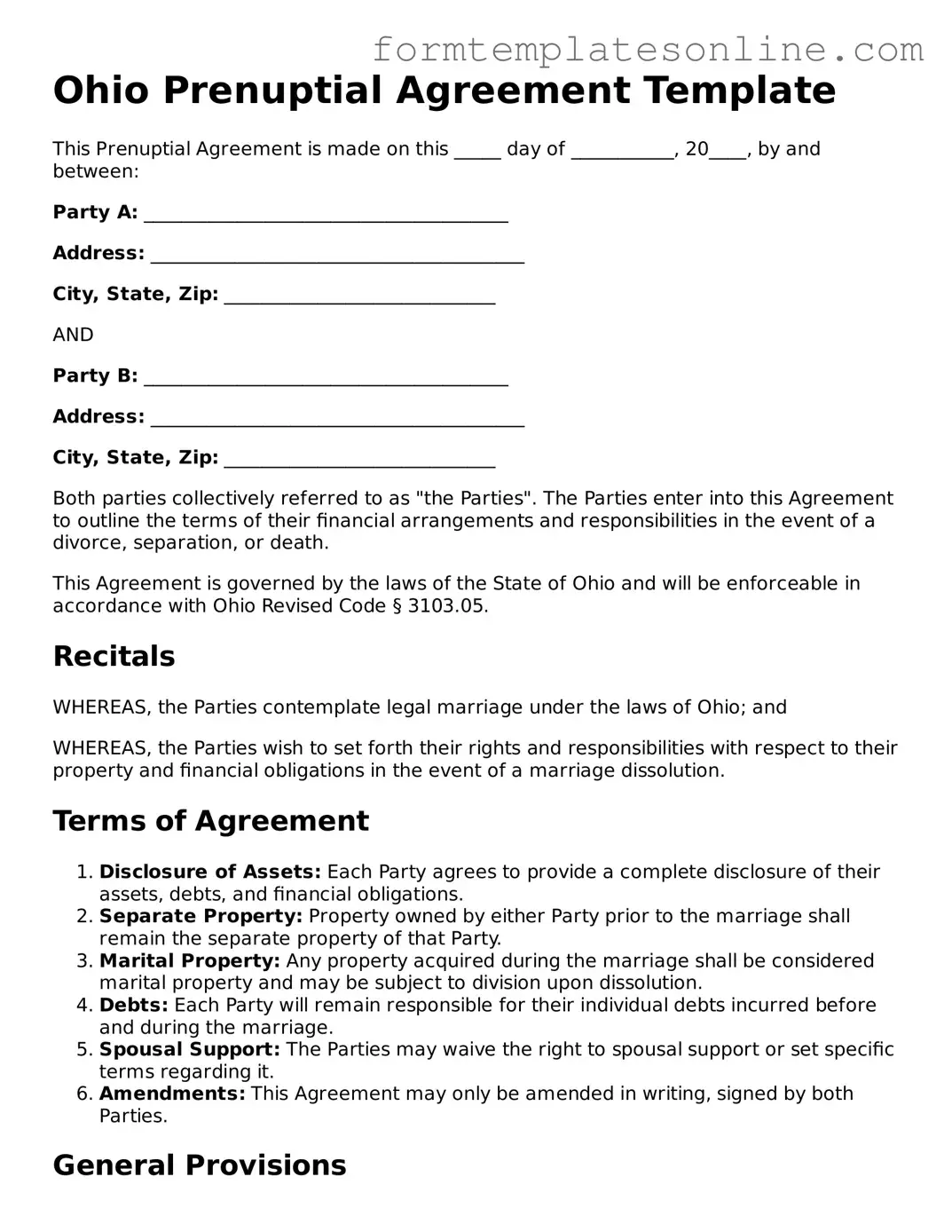Valid  Prenuptial Agreement Form for Ohio