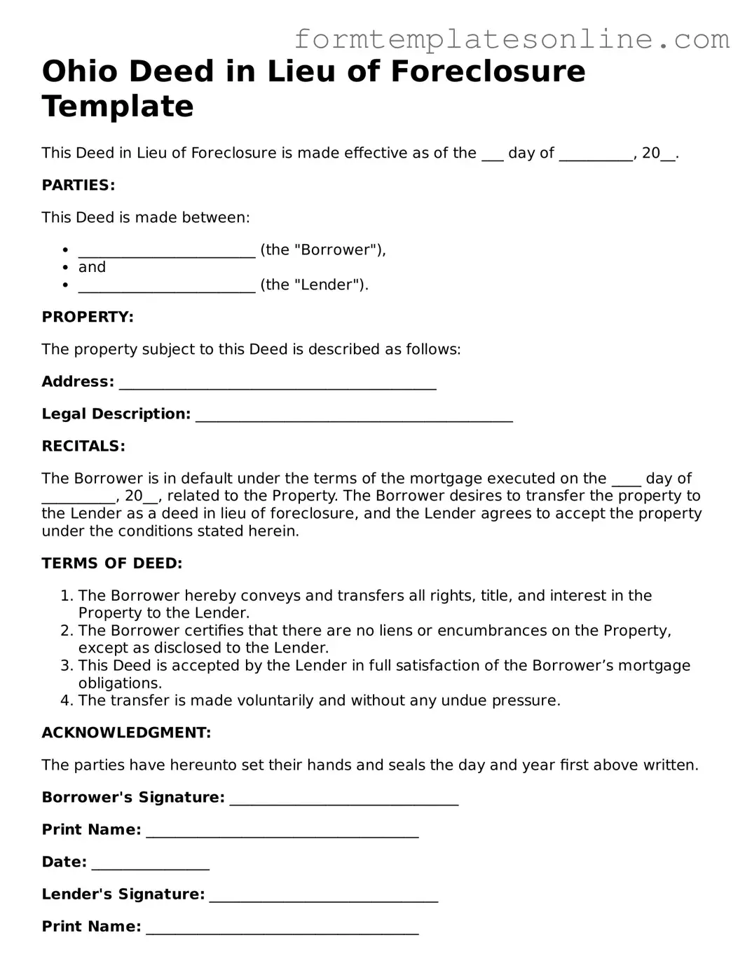 Valid  Deed in Lieu of Foreclosure Form for Ohio