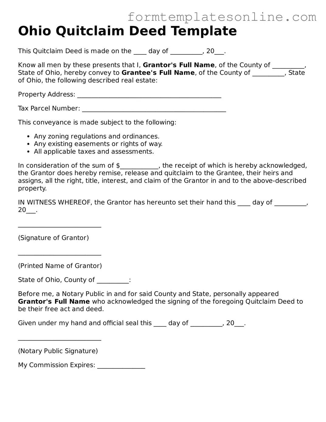 Valid  Quitclaim Deed Form for Ohio