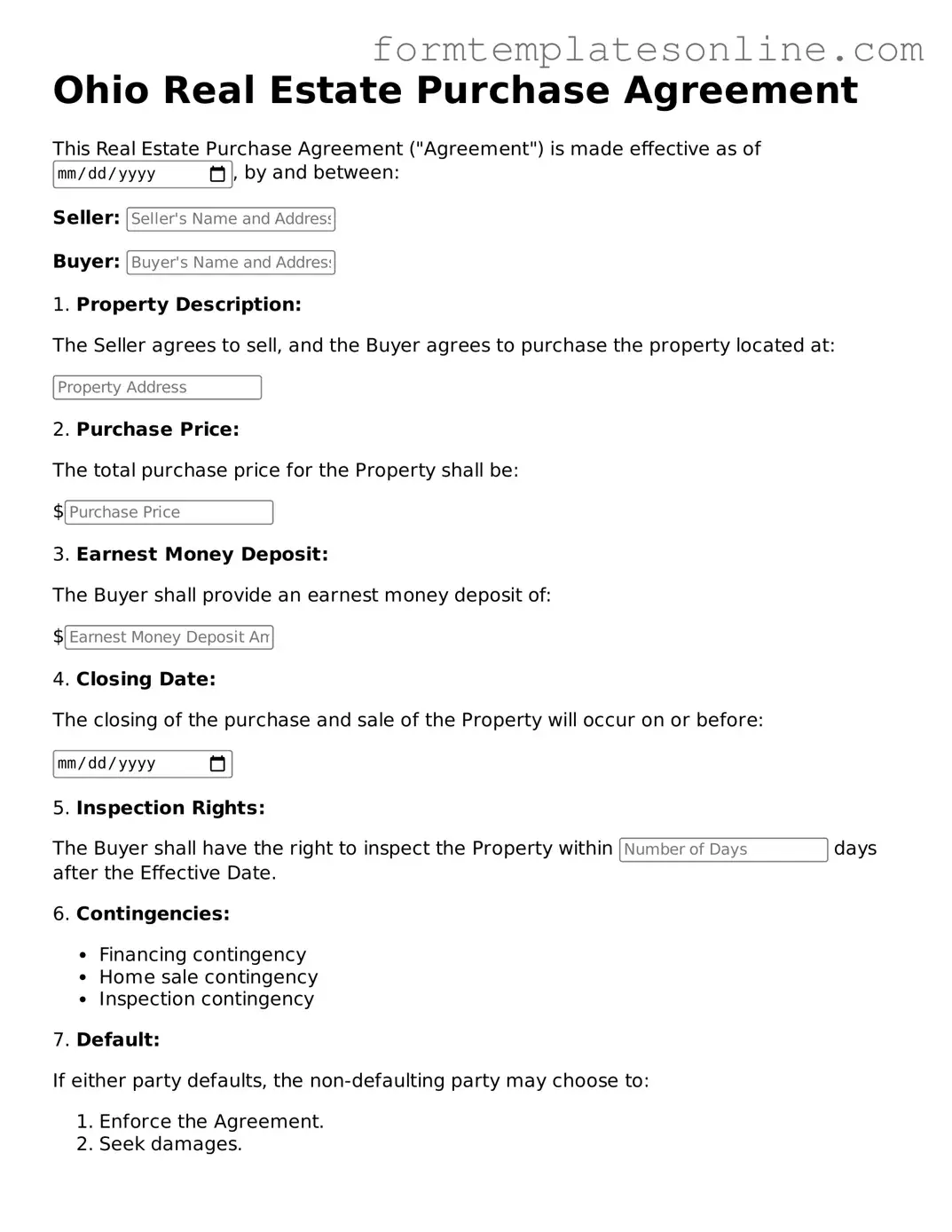 Valid  Real Estate Purchase Agreement Form for Ohio