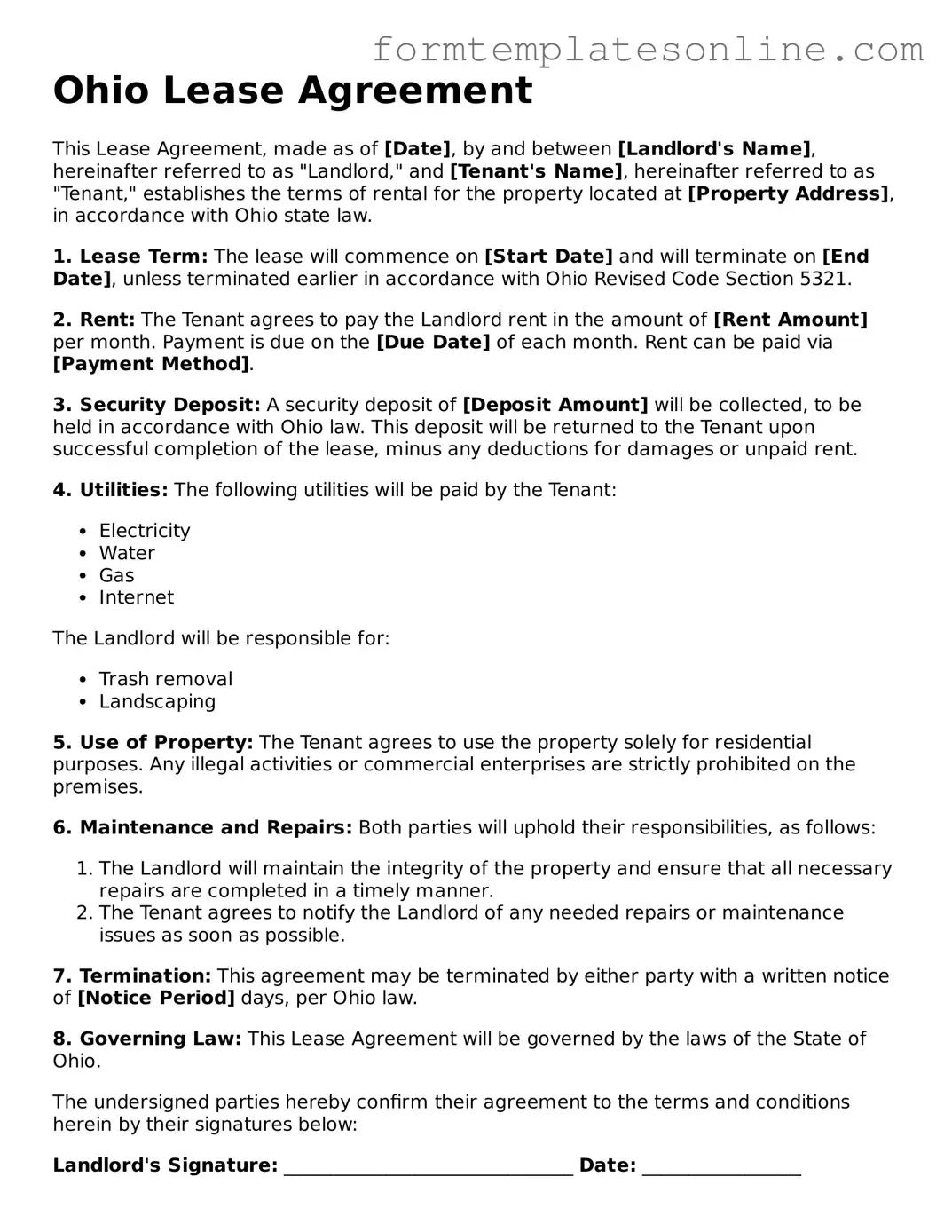Valid  Lease Agreement Form for Ohio