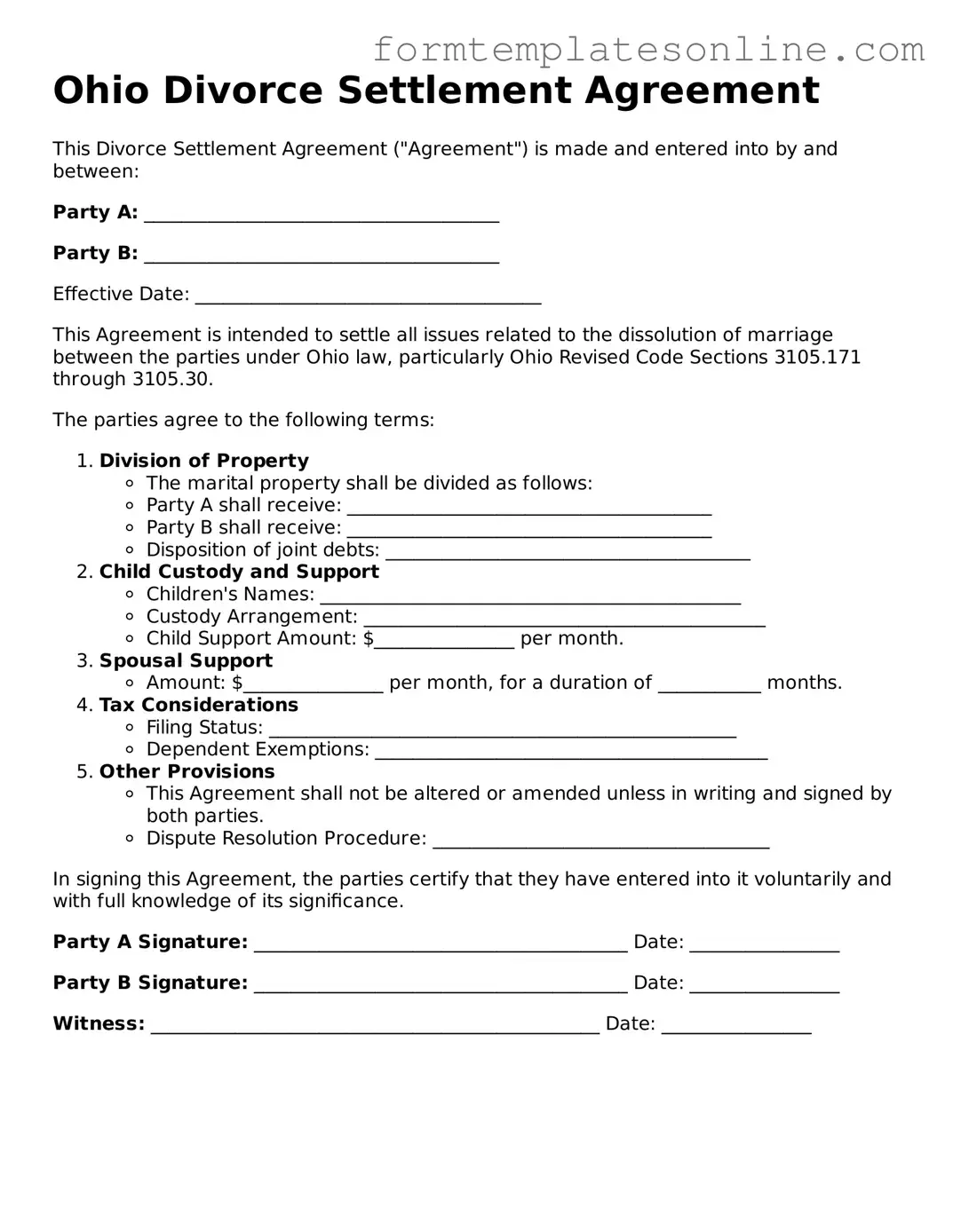 Valid  Divorce Settlement Agreement Form for Ohio
