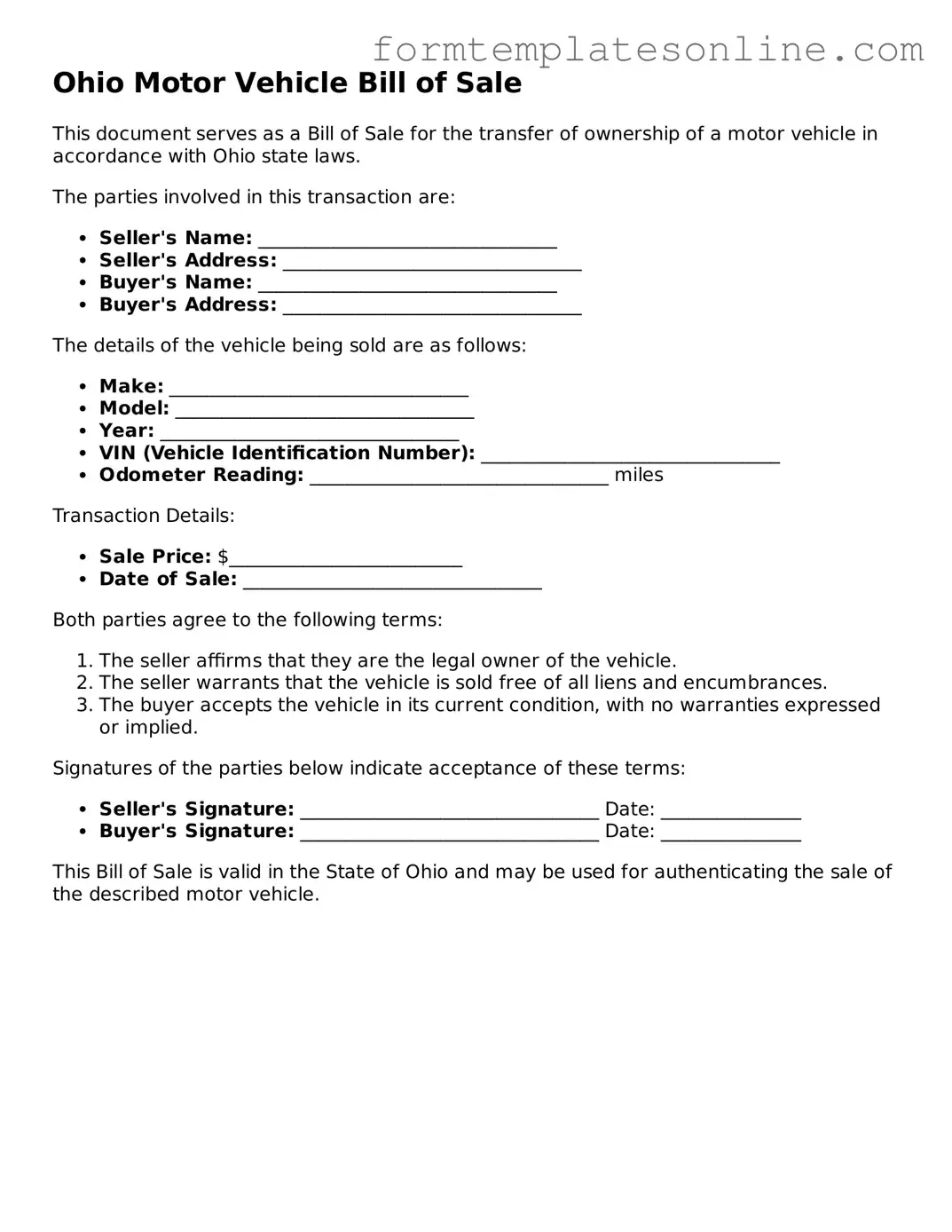 Valid  Motor Vehicle Bill of Sale Form for Ohio