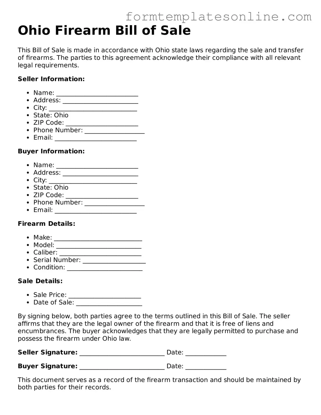 Valid  Firearm Bill of Sale Form for Ohio