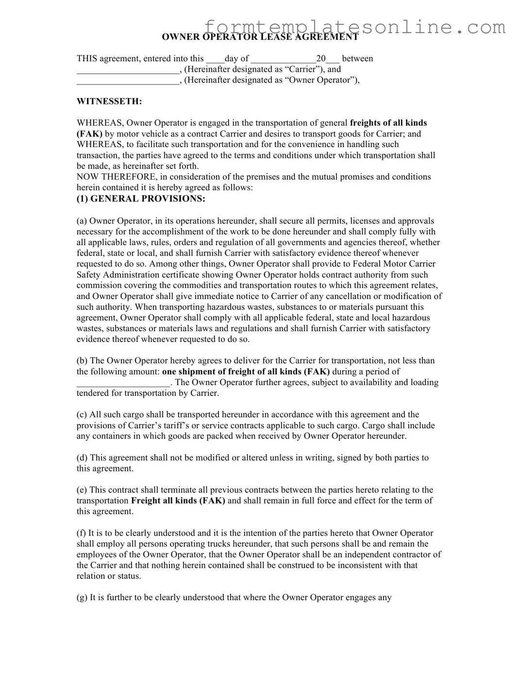 Owner Operator Lease Agreement PDF Form