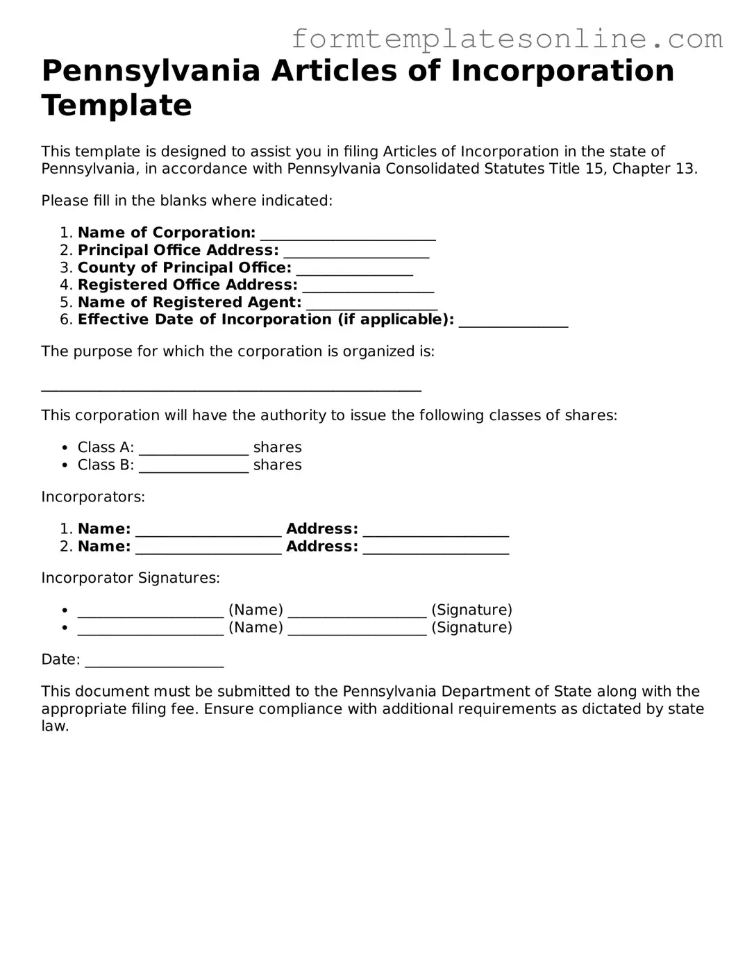 Valid  Articles of Incorporation Form for Pennsylvania