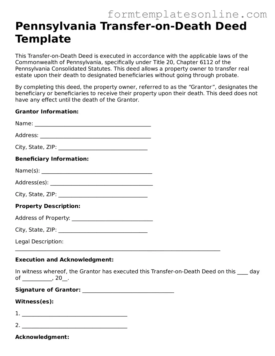 Valid  Transfer-on-Death Deed Form for Pennsylvania