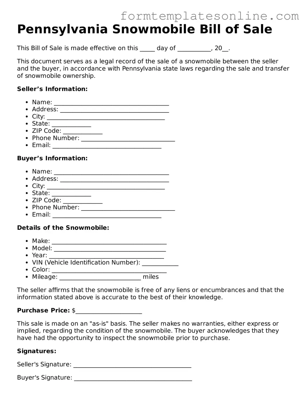 Valid  Snowmobile Bill of Sale Form for Pennsylvania