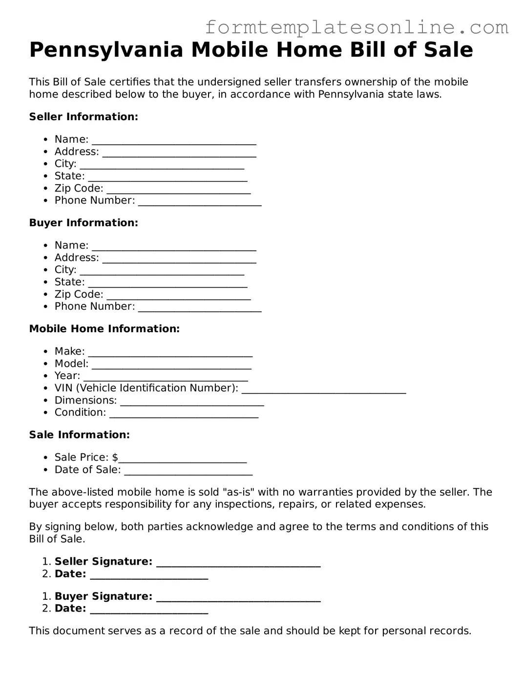 Valid  Mobile Home Bill of Sale Form for Pennsylvania