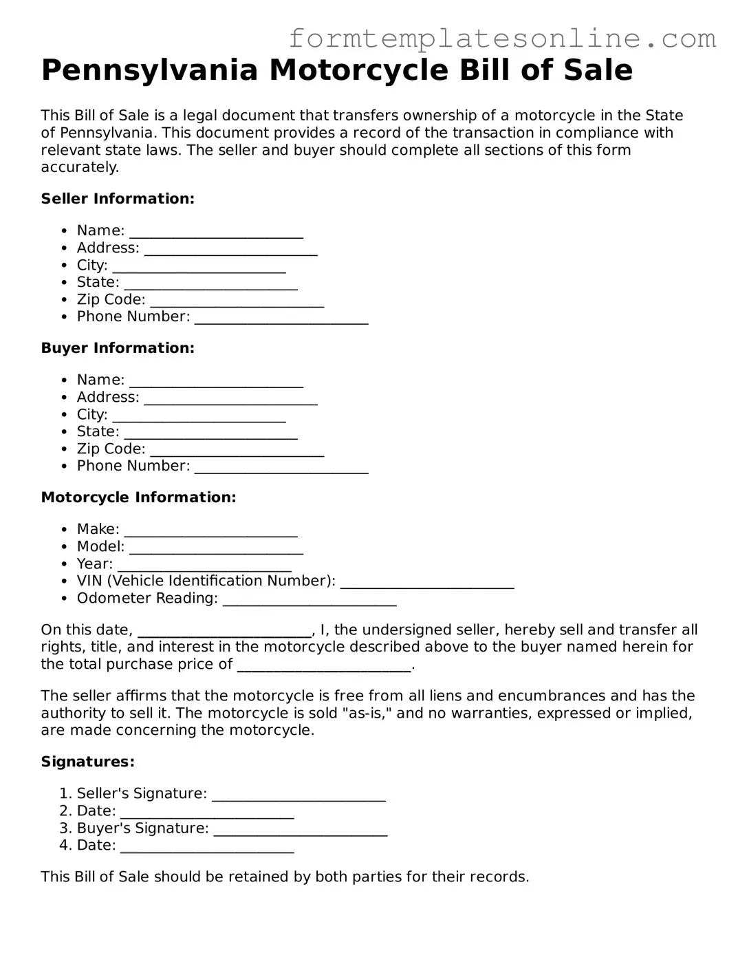 Valid  Motorcycle Bill of Sale Form for Pennsylvania