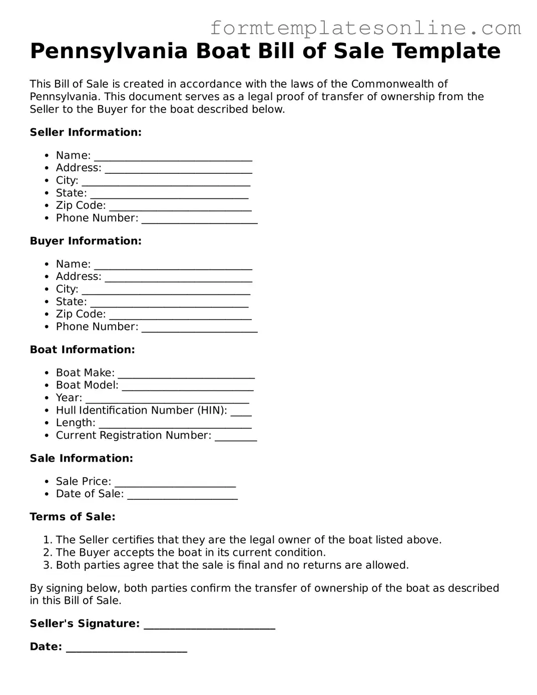 Valid  Boat Bill of Sale Form for Pennsylvania
