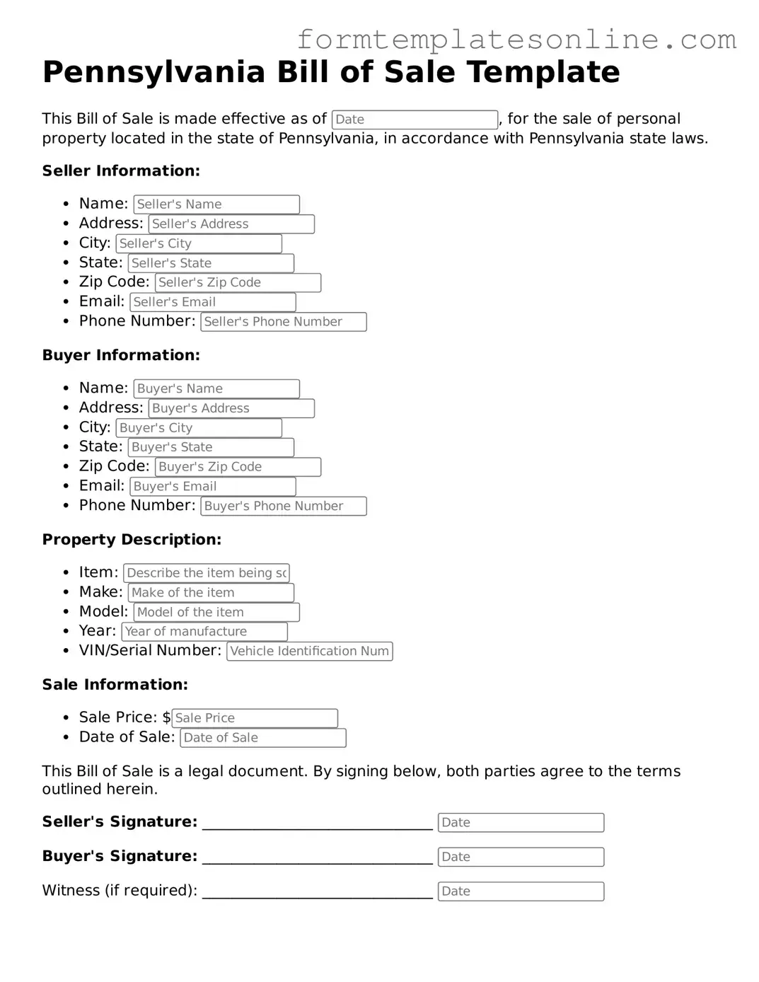 Valid  Bill of Sale Form for Pennsylvania