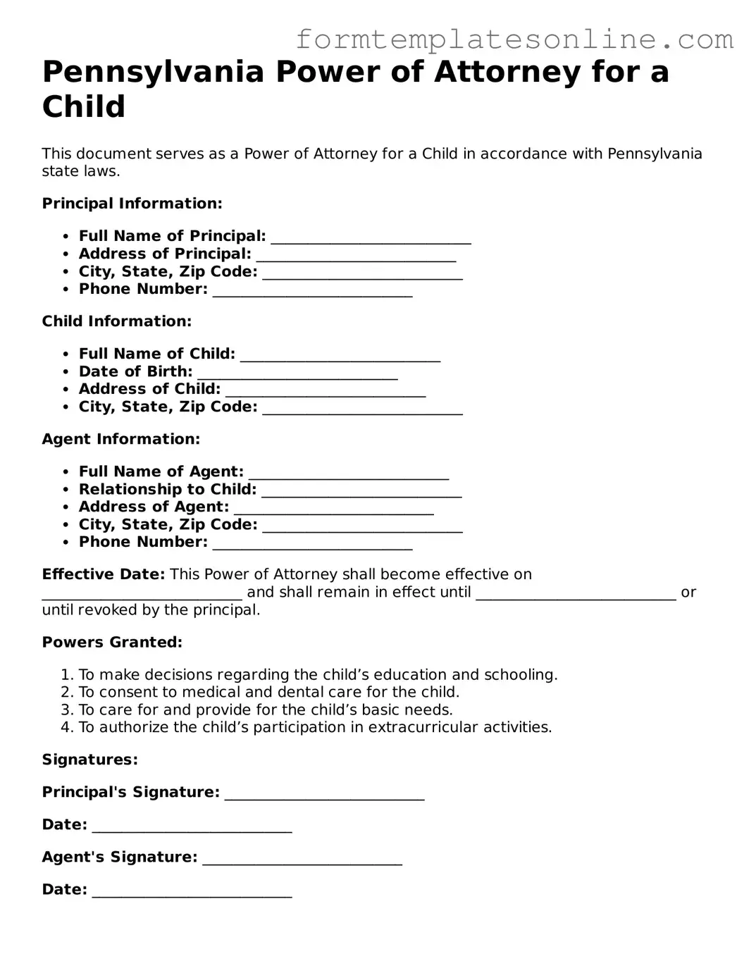 Valid  Power of Attorney for a Child Form for Pennsylvania