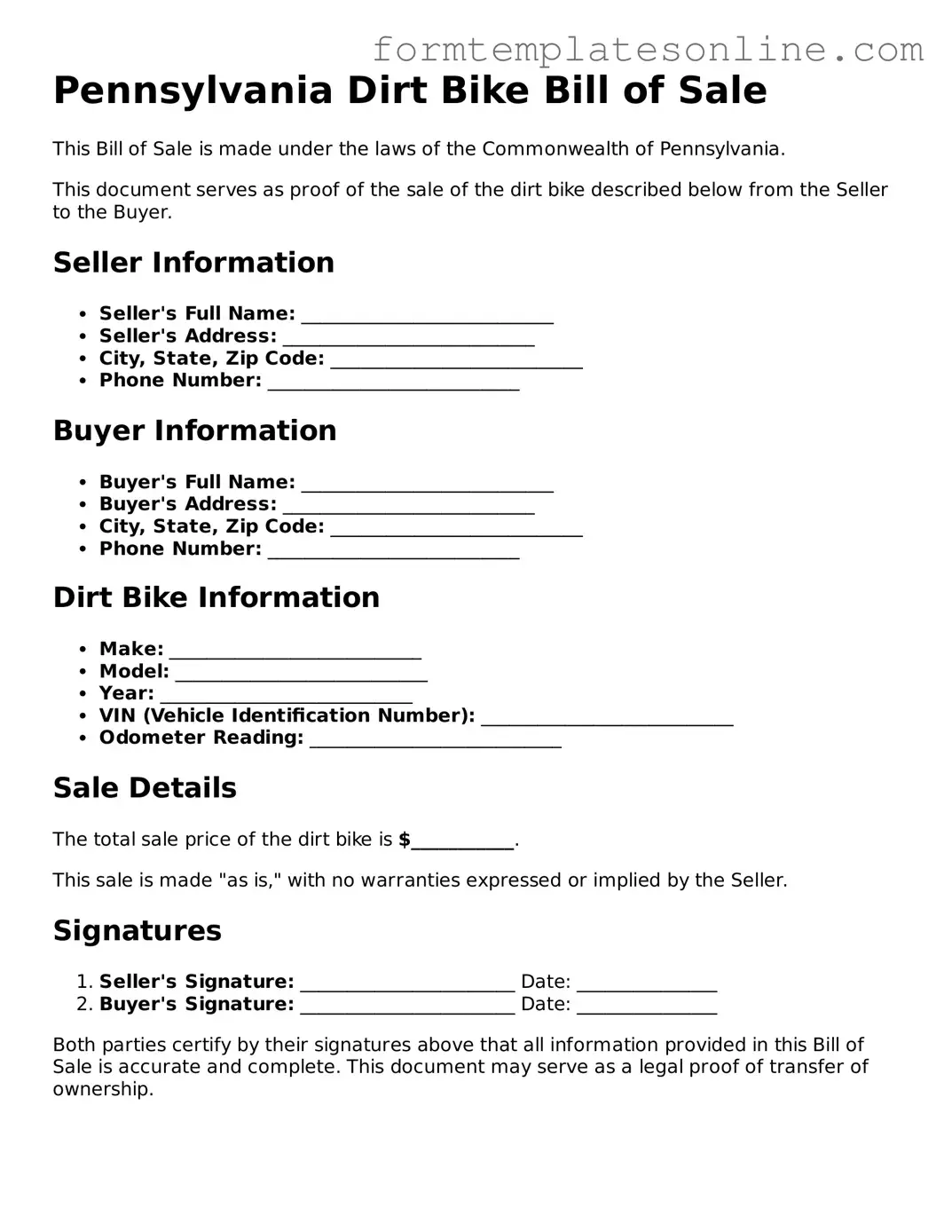 Valid  Dirt Bike Bill of Sale Form for Pennsylvania