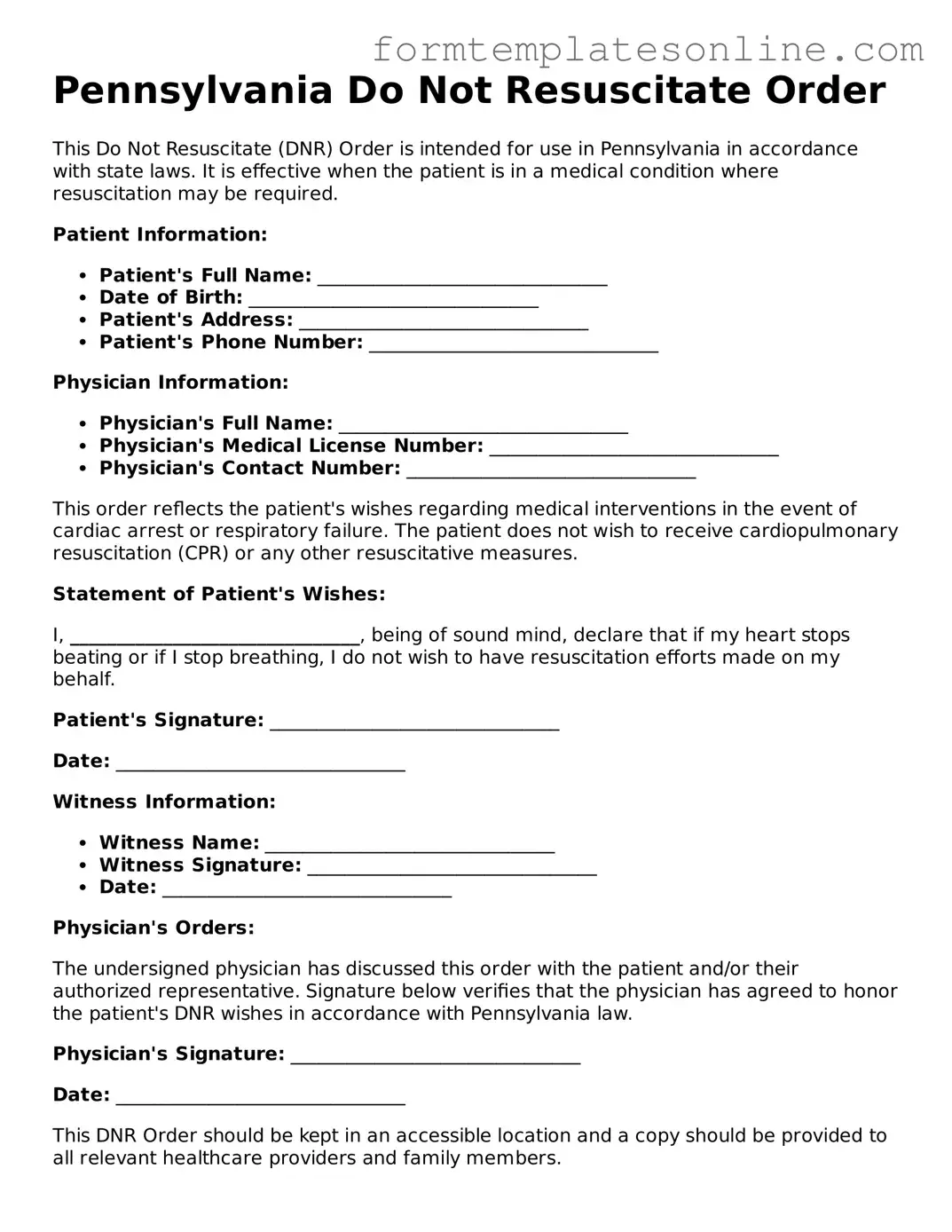Valid  Do Not Resuscitate Order Form for Pennsylvania