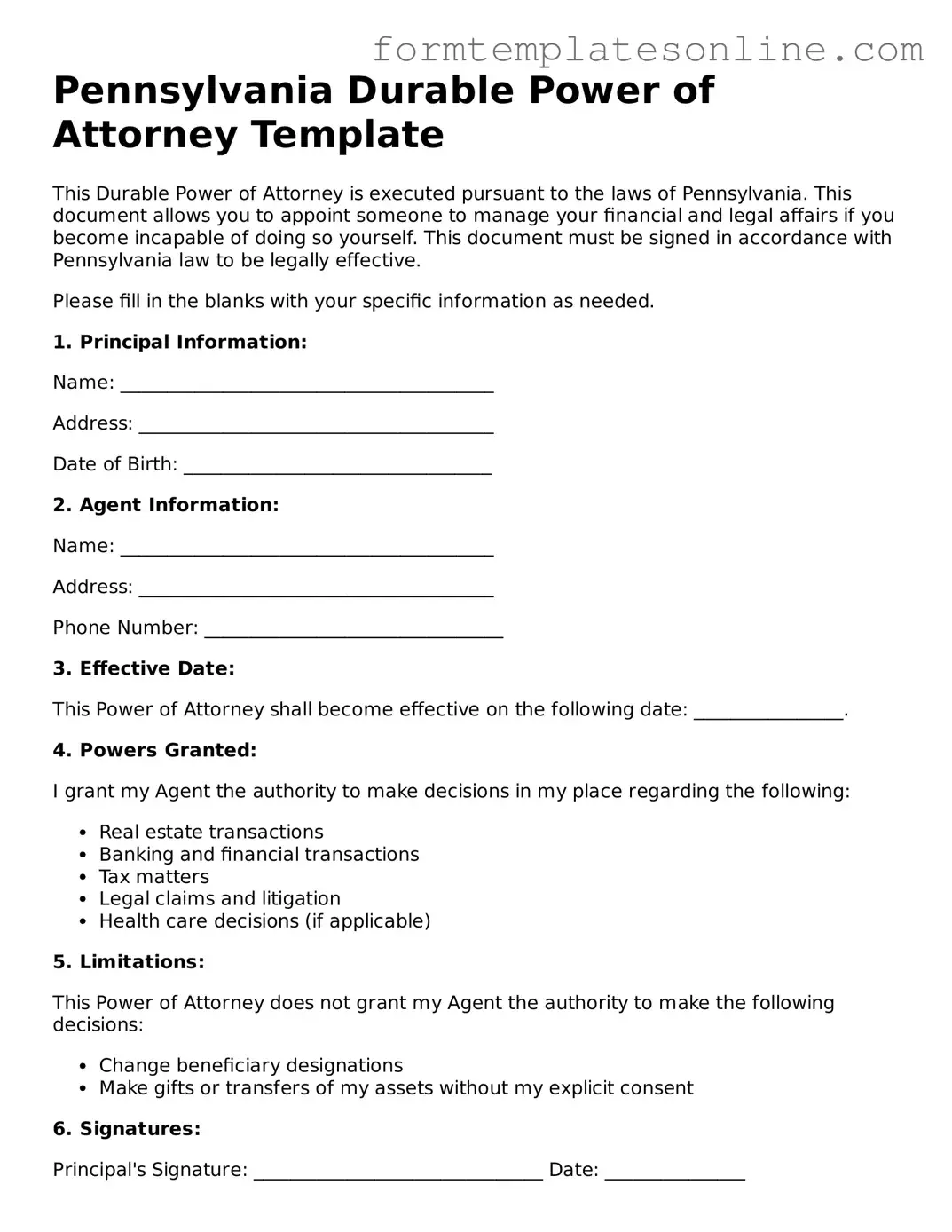 Valid  Durable Power of Attorney Form for Pennsylvania