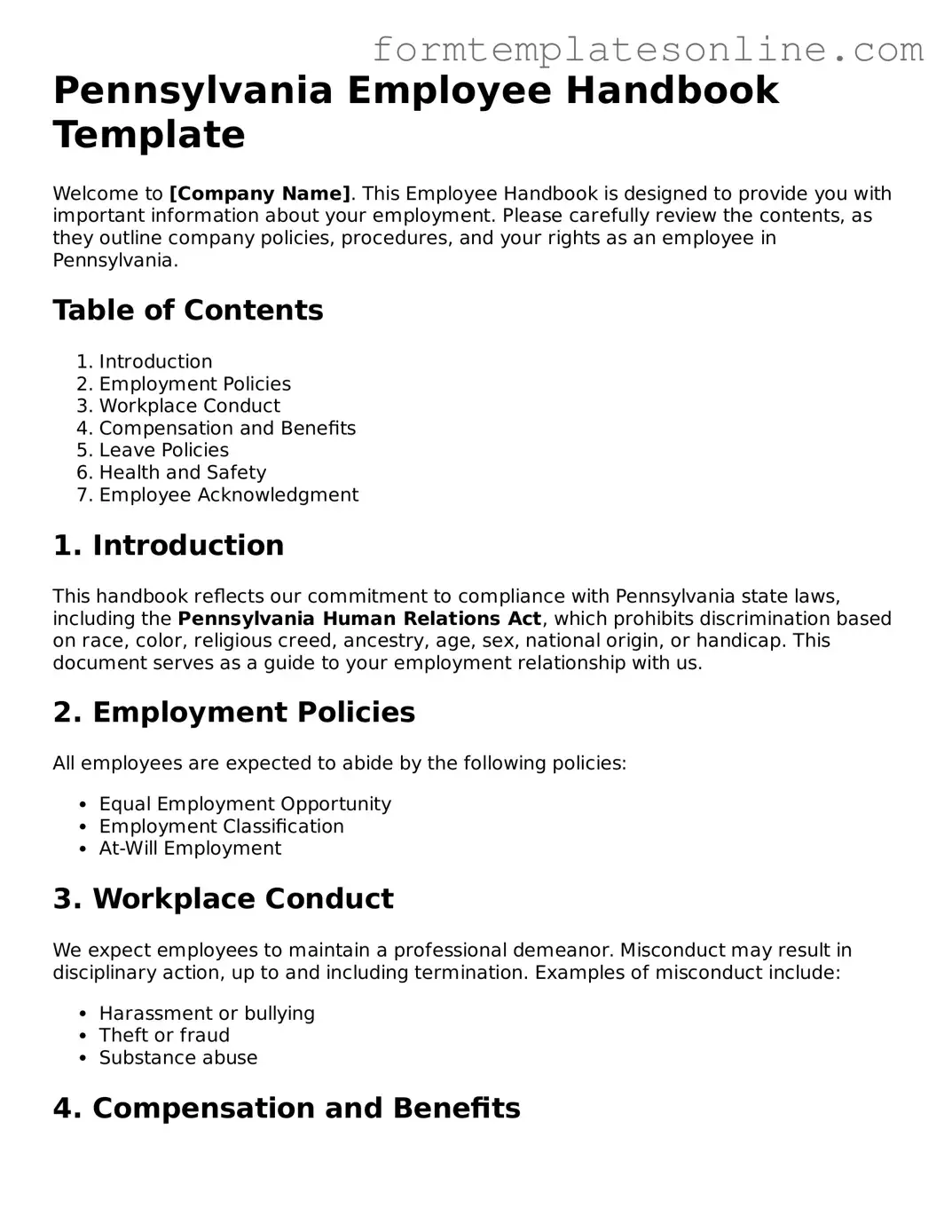Valid  Employee Handbook Form for Pennsylvania