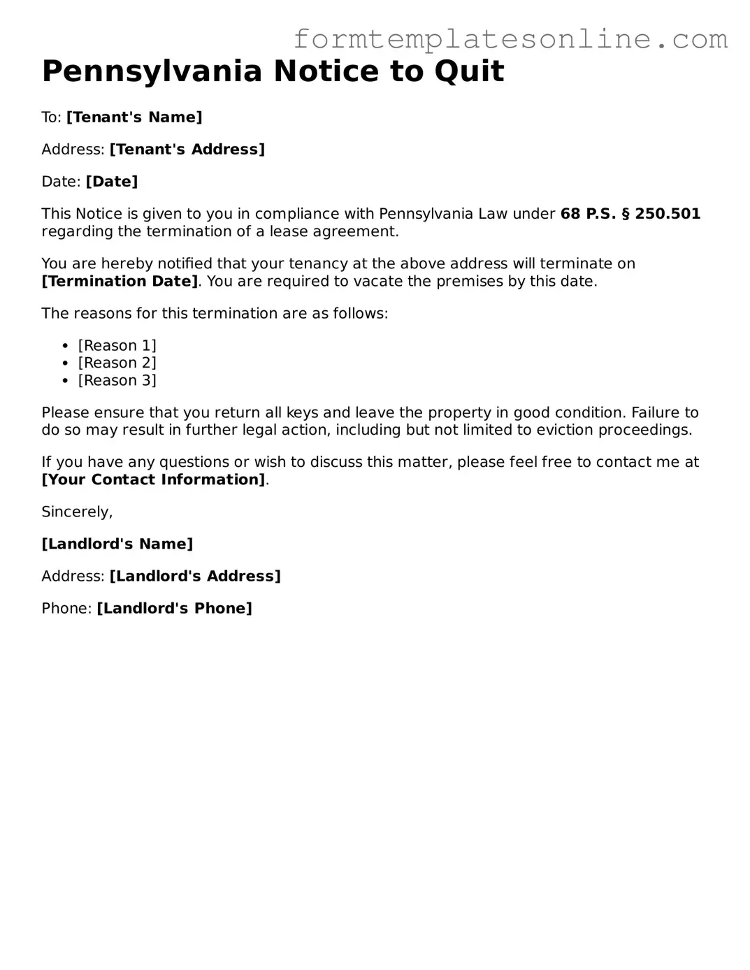 Valid Notice to Quit Form for Pennsylvania