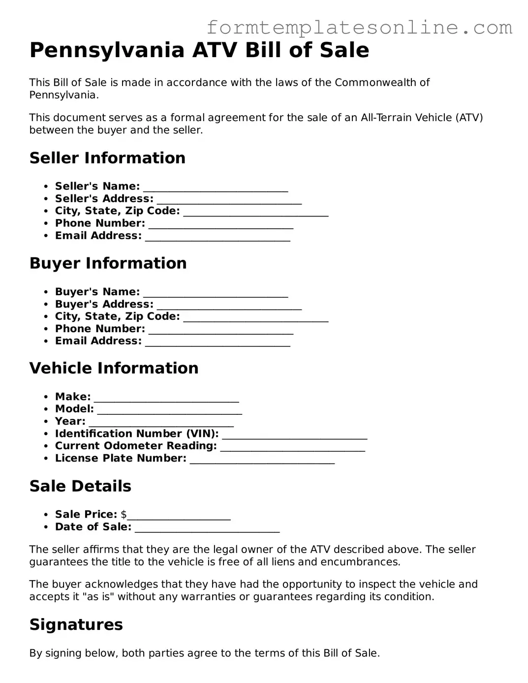 Valid  ATV Bill of Sale Form for Pennsylvania