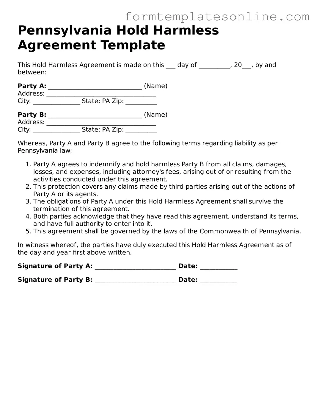 Valid  Hold Harmless Agreement Form for Pennsylvania