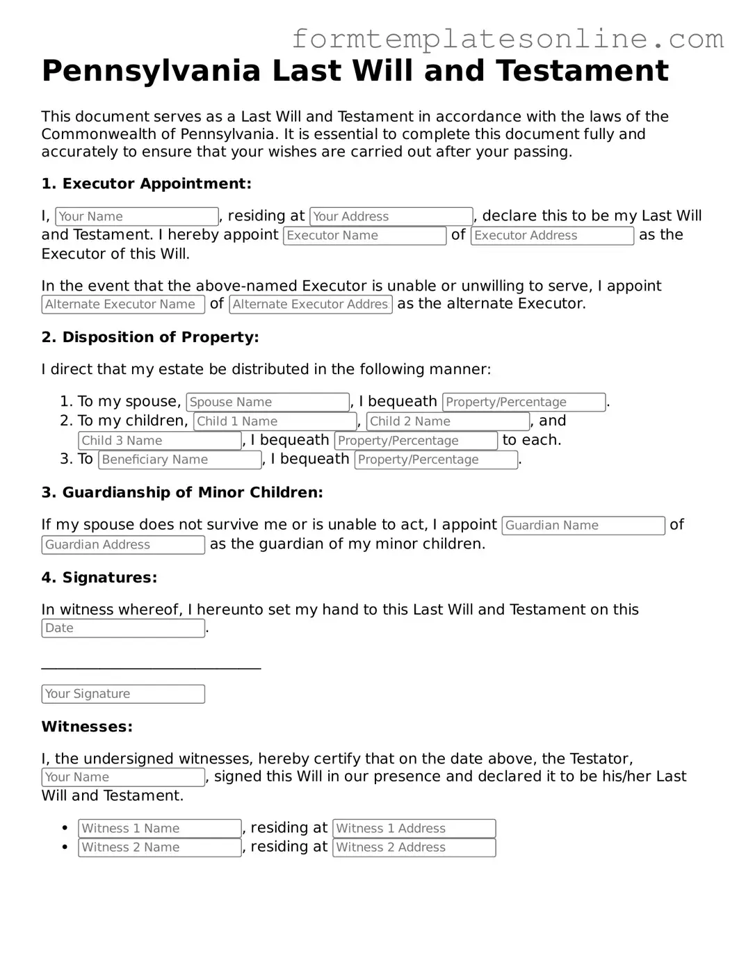 Valid  Last Will and Testament Form for Pennsylvania