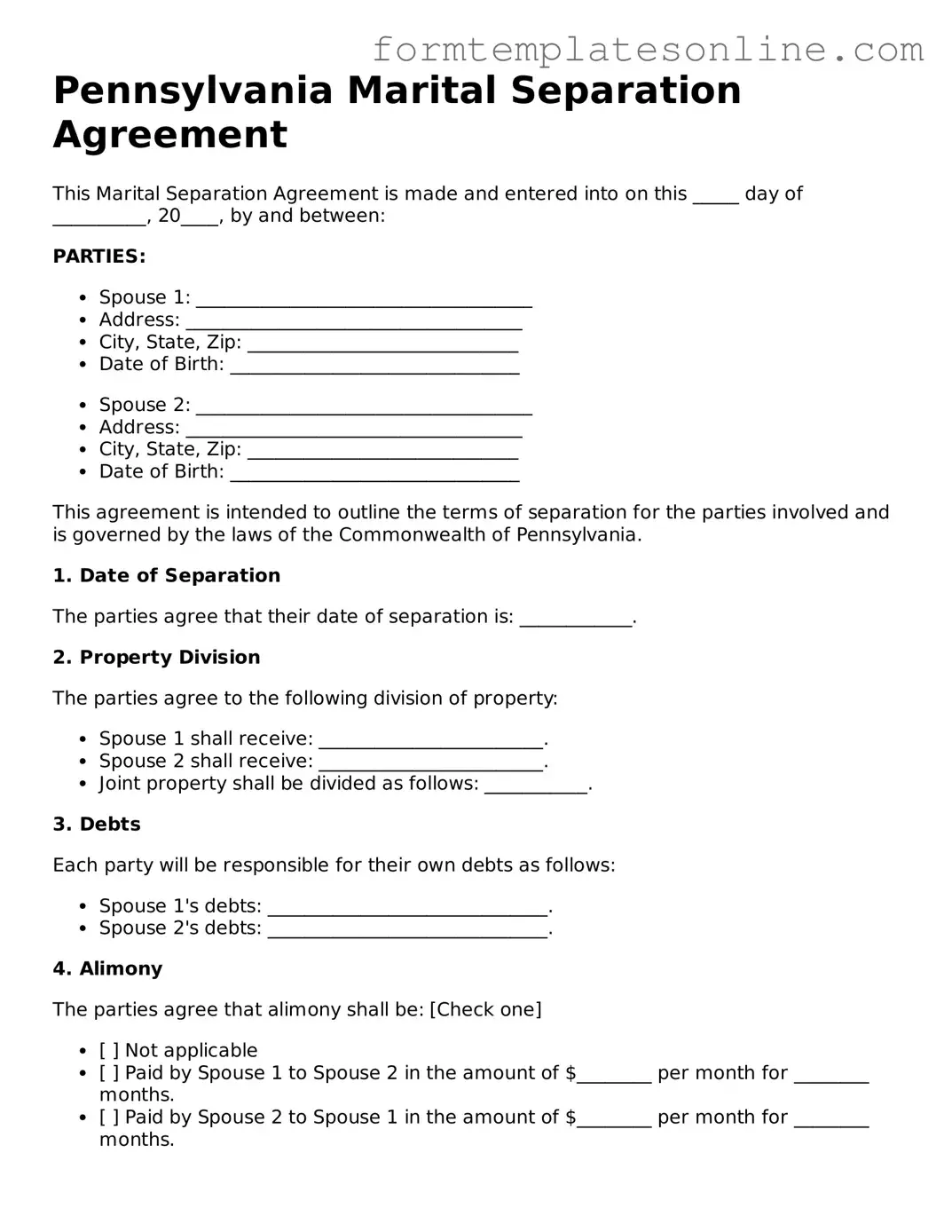 Valid  Marital Separation Agreement Form for Pennsylvania