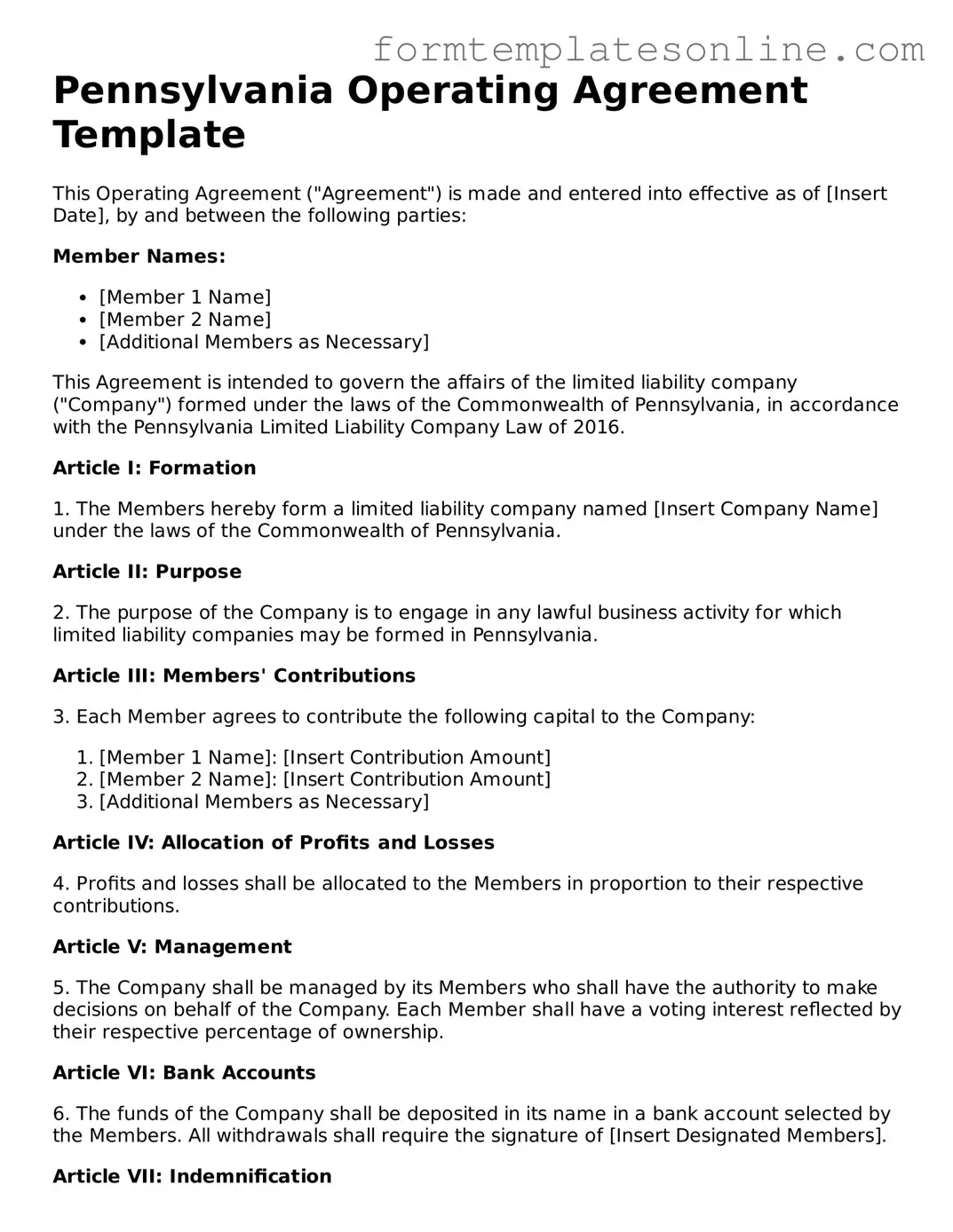 Valid  Operating Agreement Form for Pennsylvania