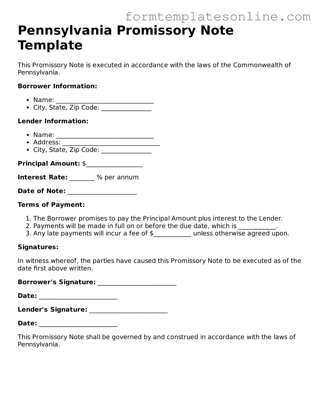 Valid  Promissory Note Form for Pennsylvania