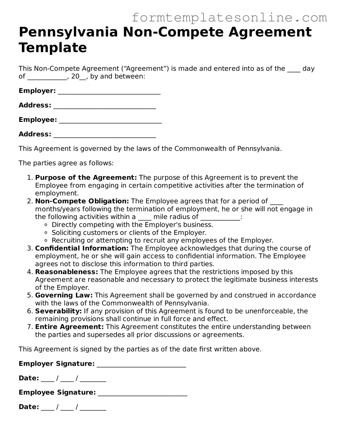 Valid  Non-compete Agreement Form for Pennsylvania