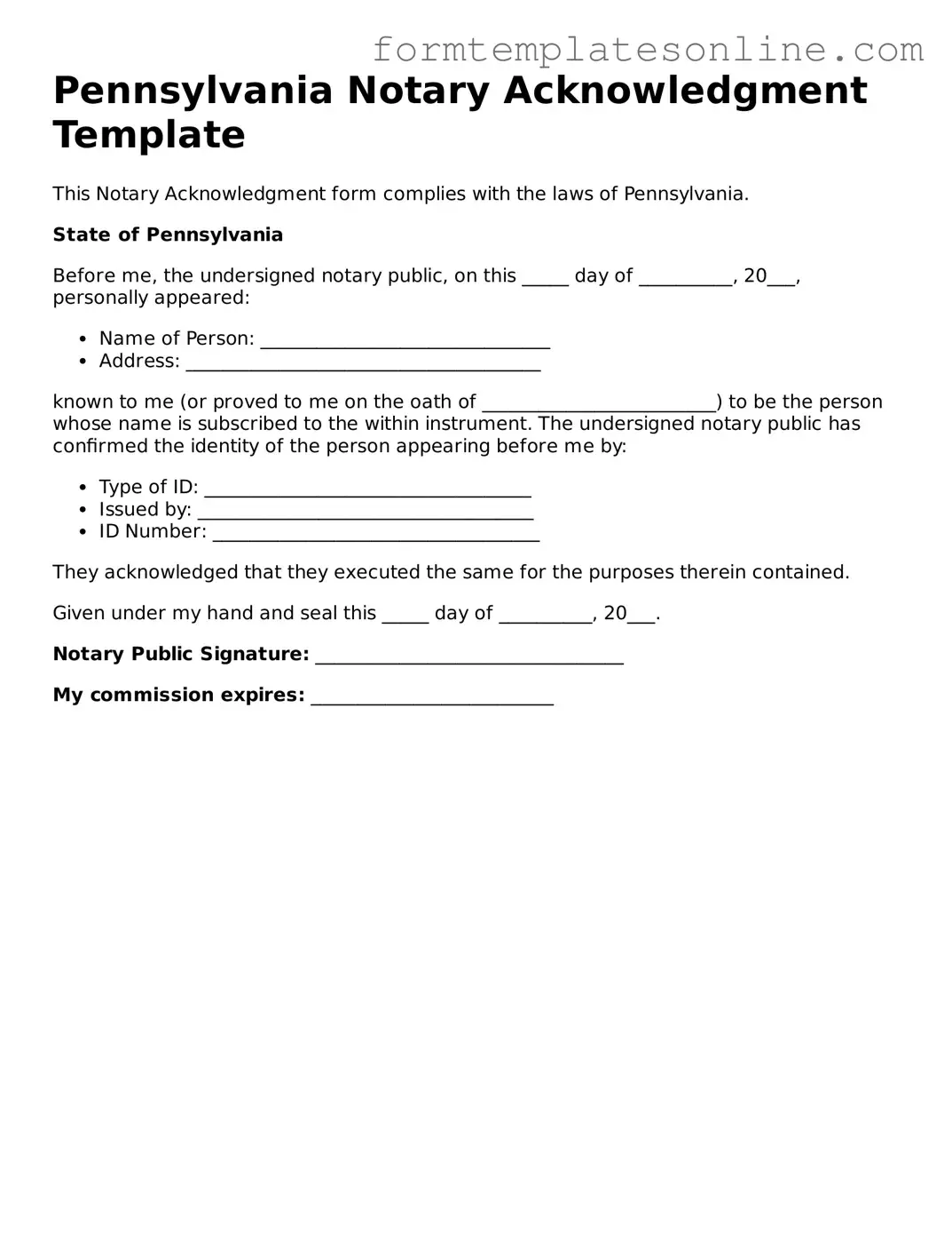 Valid  Notary Acknowledgement Form for Pennsylvania