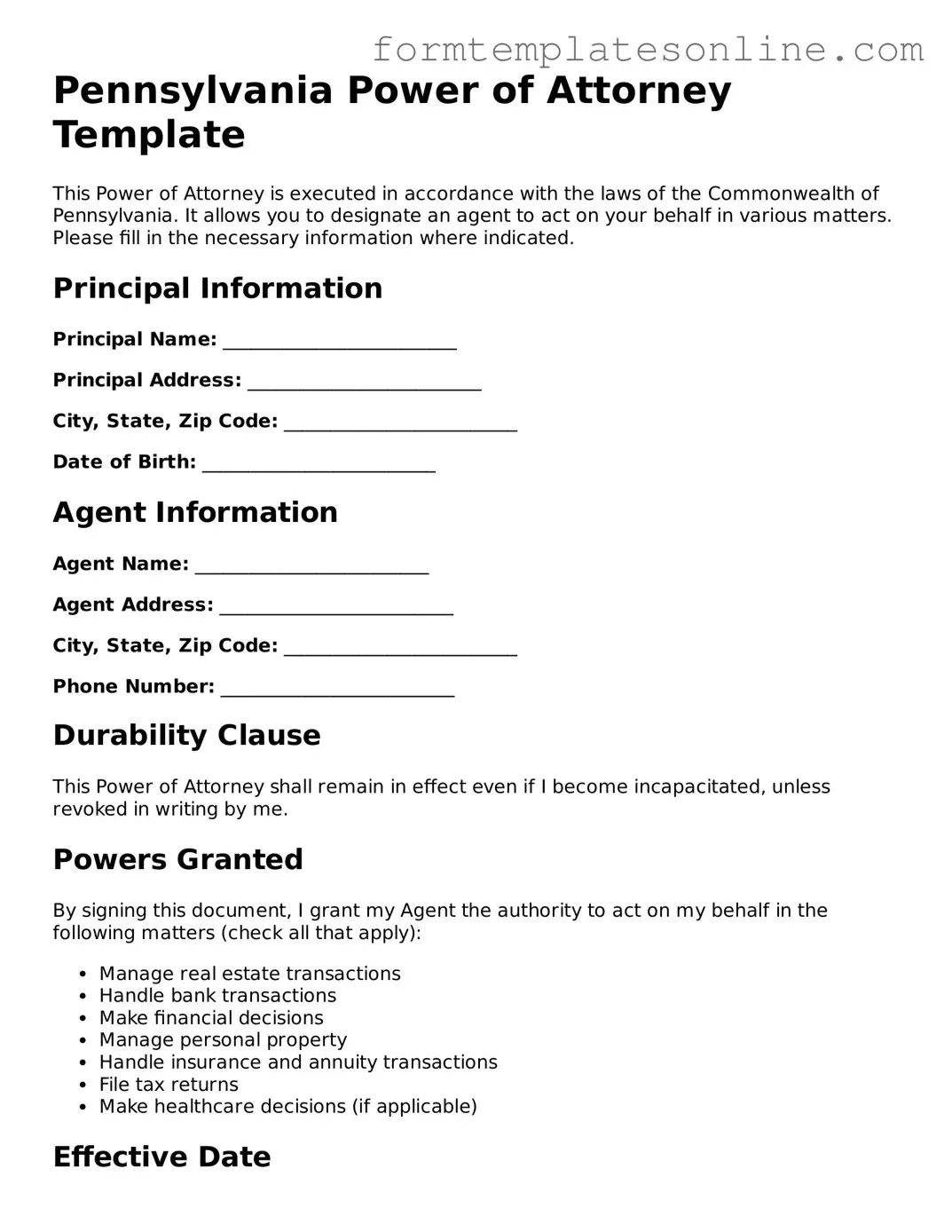 Valid  Power of Attorney Form for Pennsylvania