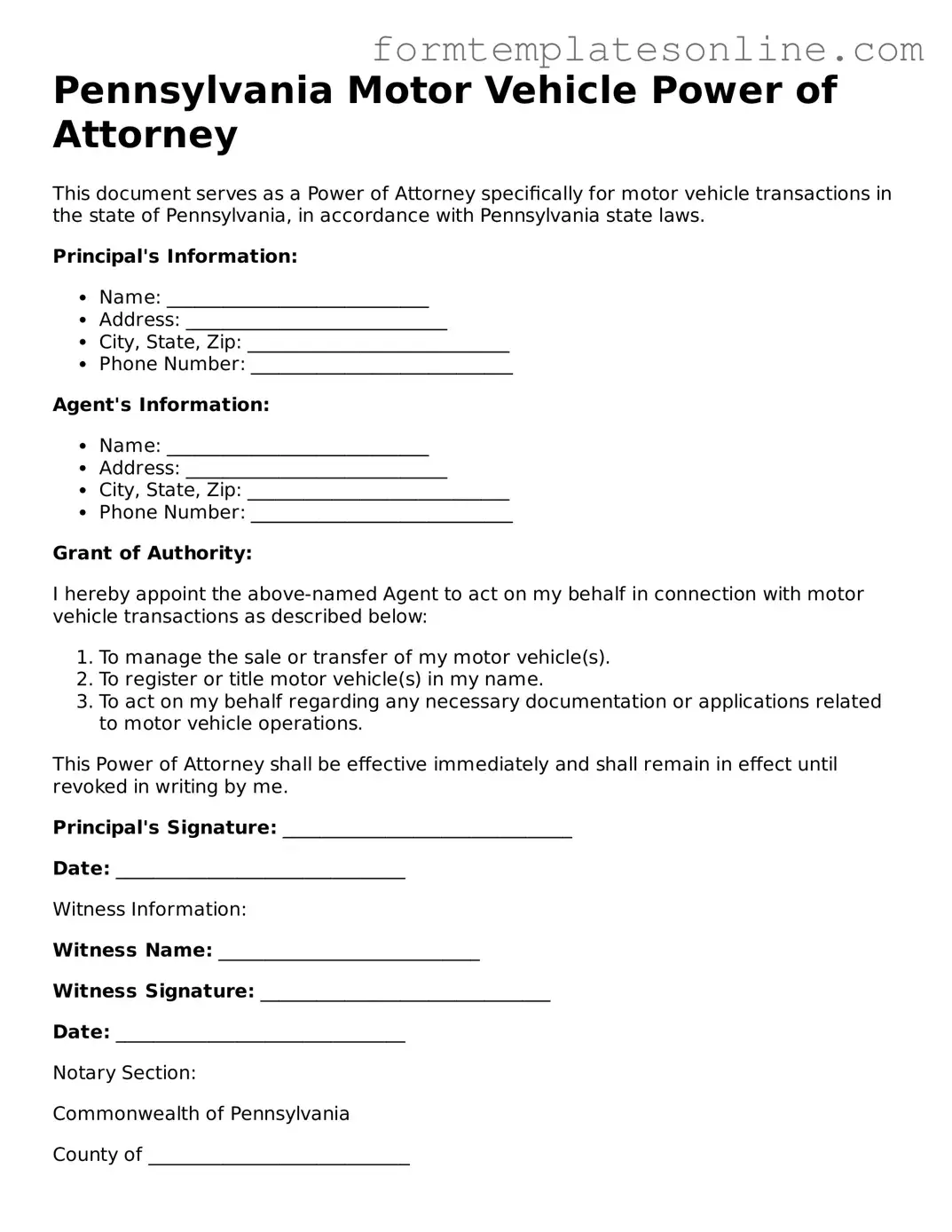 Valid  Motor Vehicle Power of Attorney Form for Pennsylvania