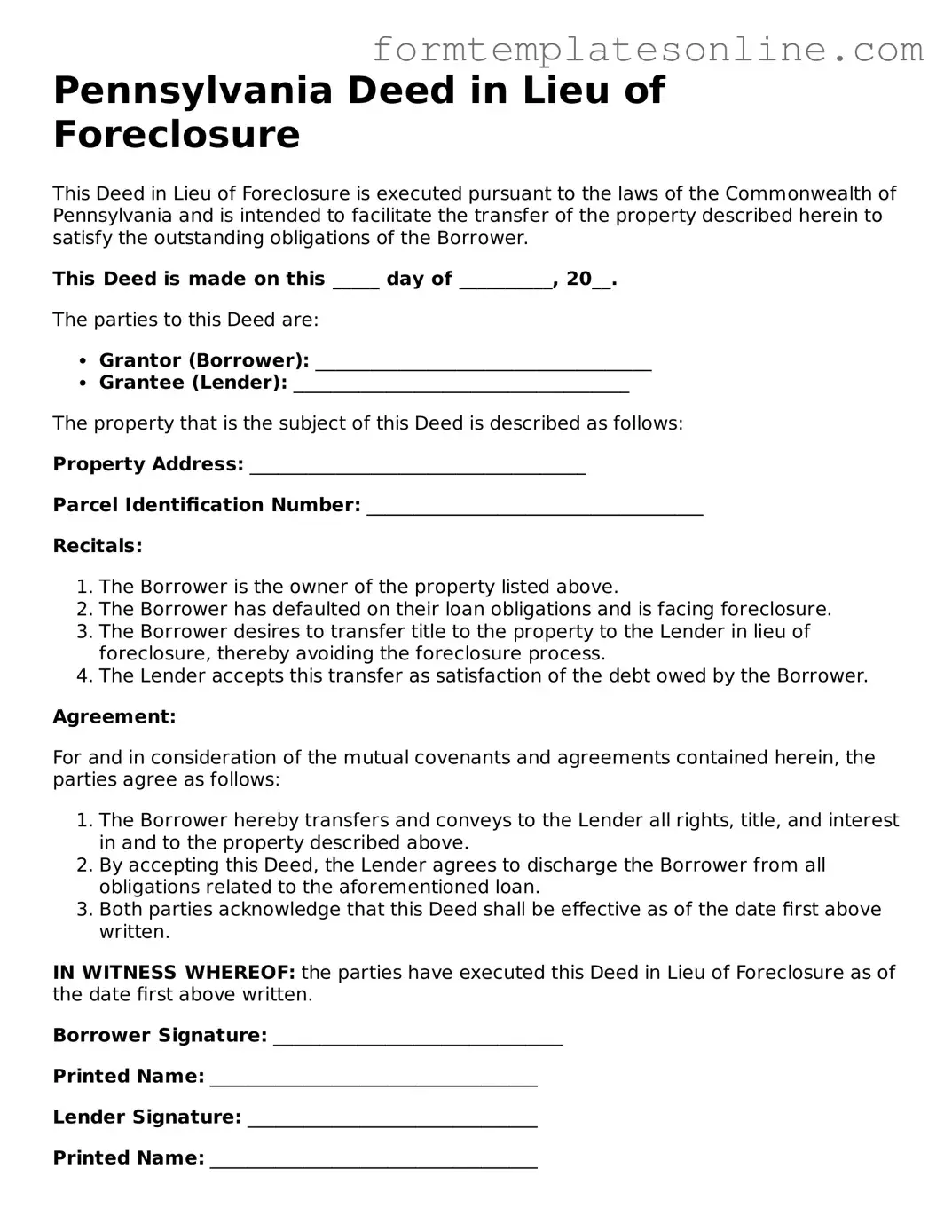 Valid  Deed in Lieu of Foreclosure Form for Pennsylvania