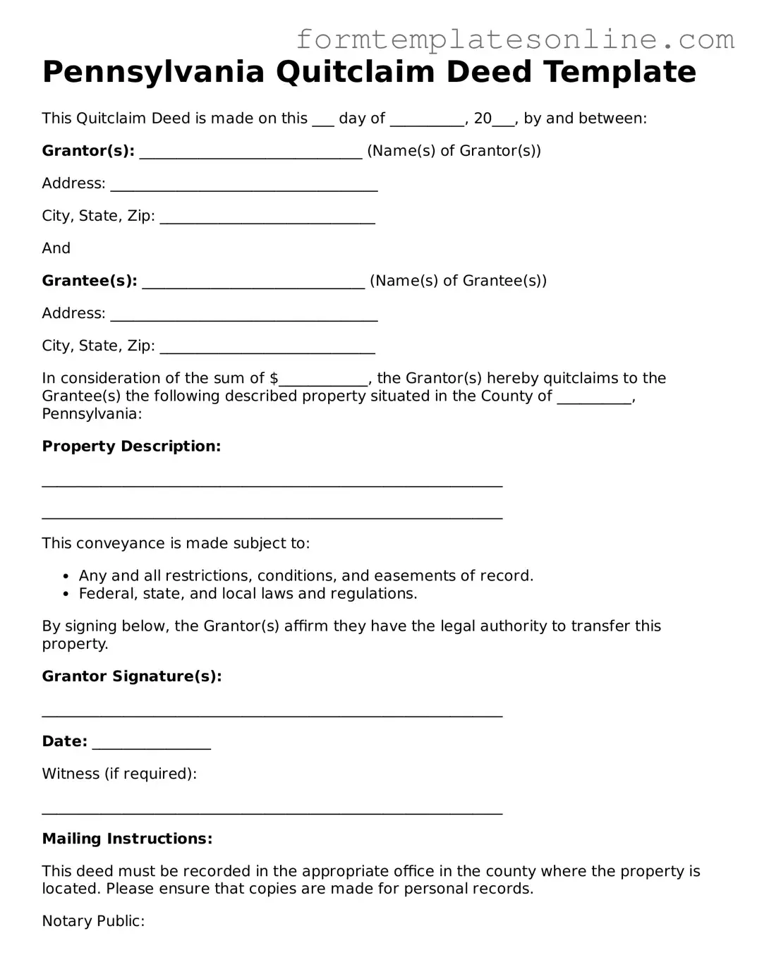 Valid  Quitclaim Deed Form for Pennsylvania