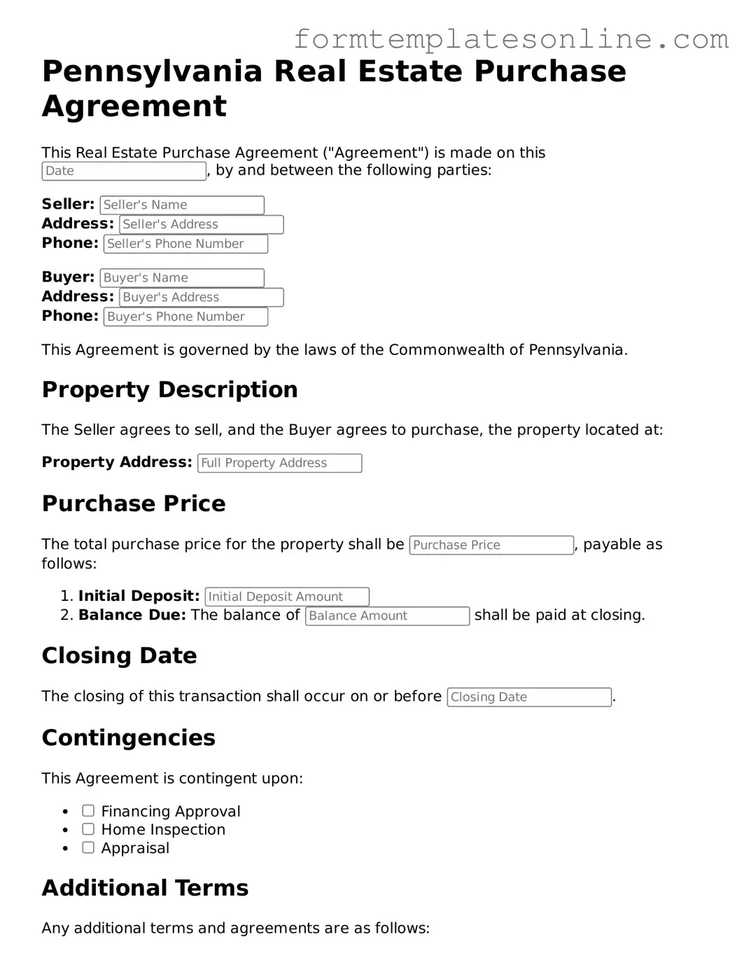 Valid  Real Estate Purchase Agreement Form for Pennsylvania